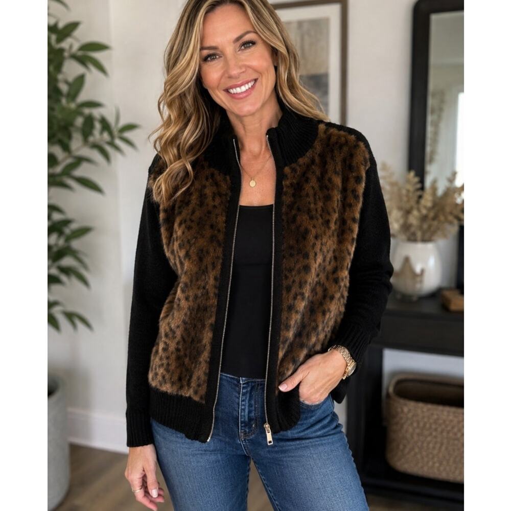 Lisa International Faux Fur Leopard Zip Chenille Jacket M Old Money Mob Wife